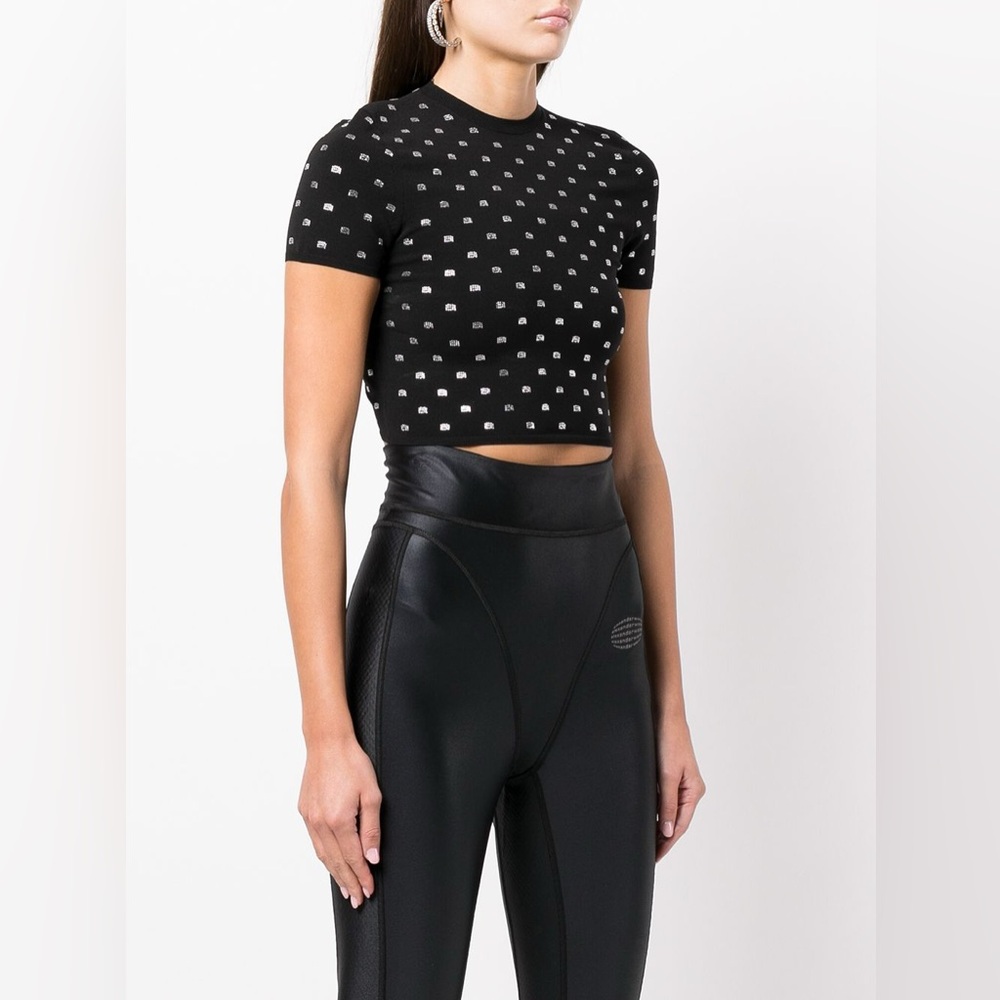NWT Alexander Wang Cropped Crystal Logo Hotfix Embellished Short Sleeve Tee S